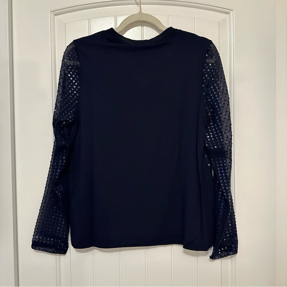NWT Donna Karan sequin long sleeve blouse sheer sleeves in indigo sunset, S - Picture 10 of 13